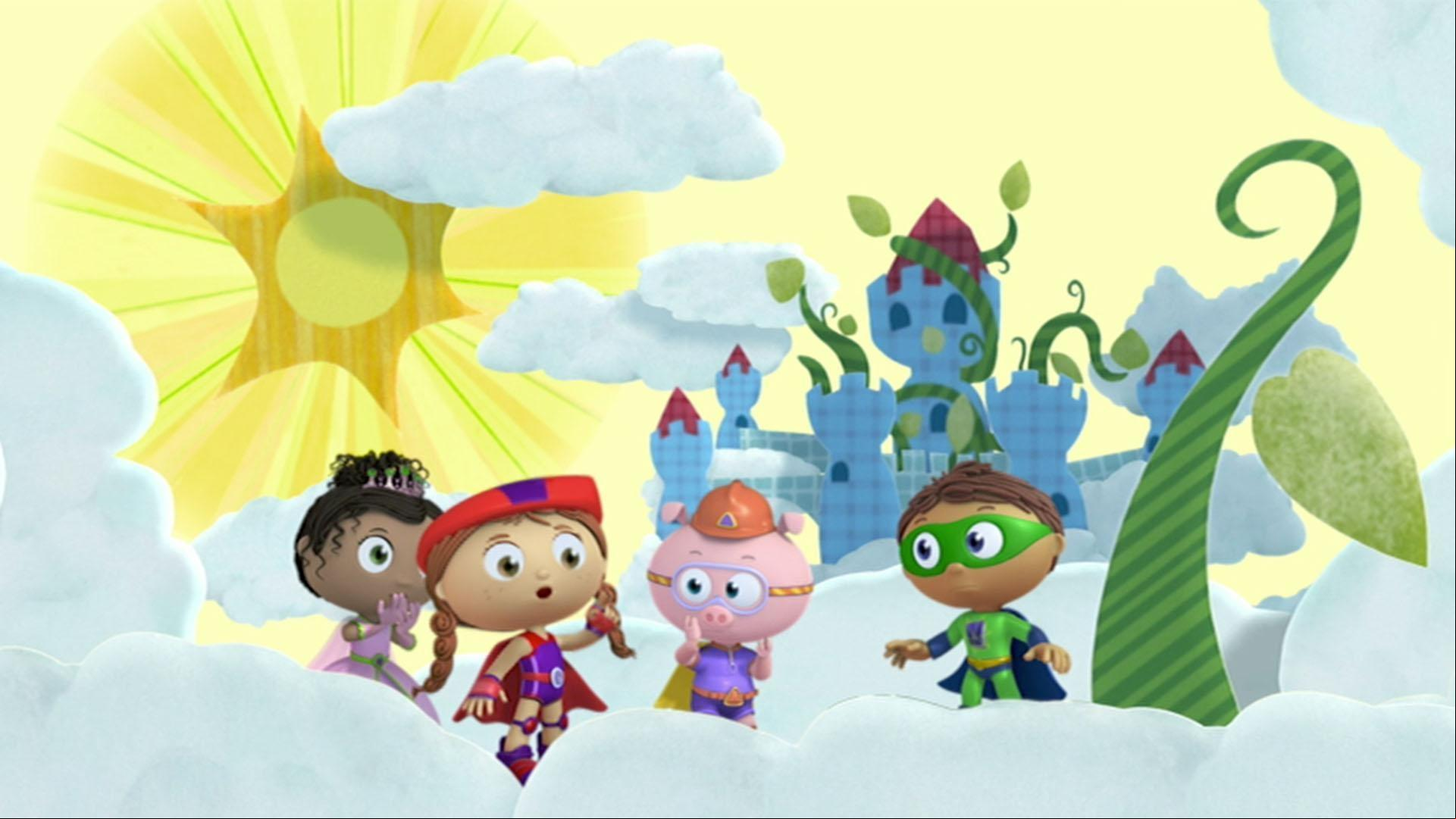 The Super Readers meet a huge giant who is acting like a baby at the top of a beanstalk.